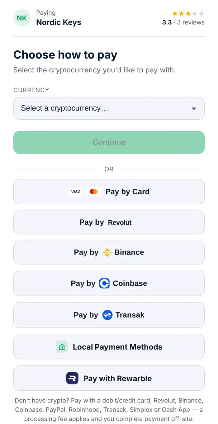 A CryptoPayr checkout showing crypto, card and voucher payment options