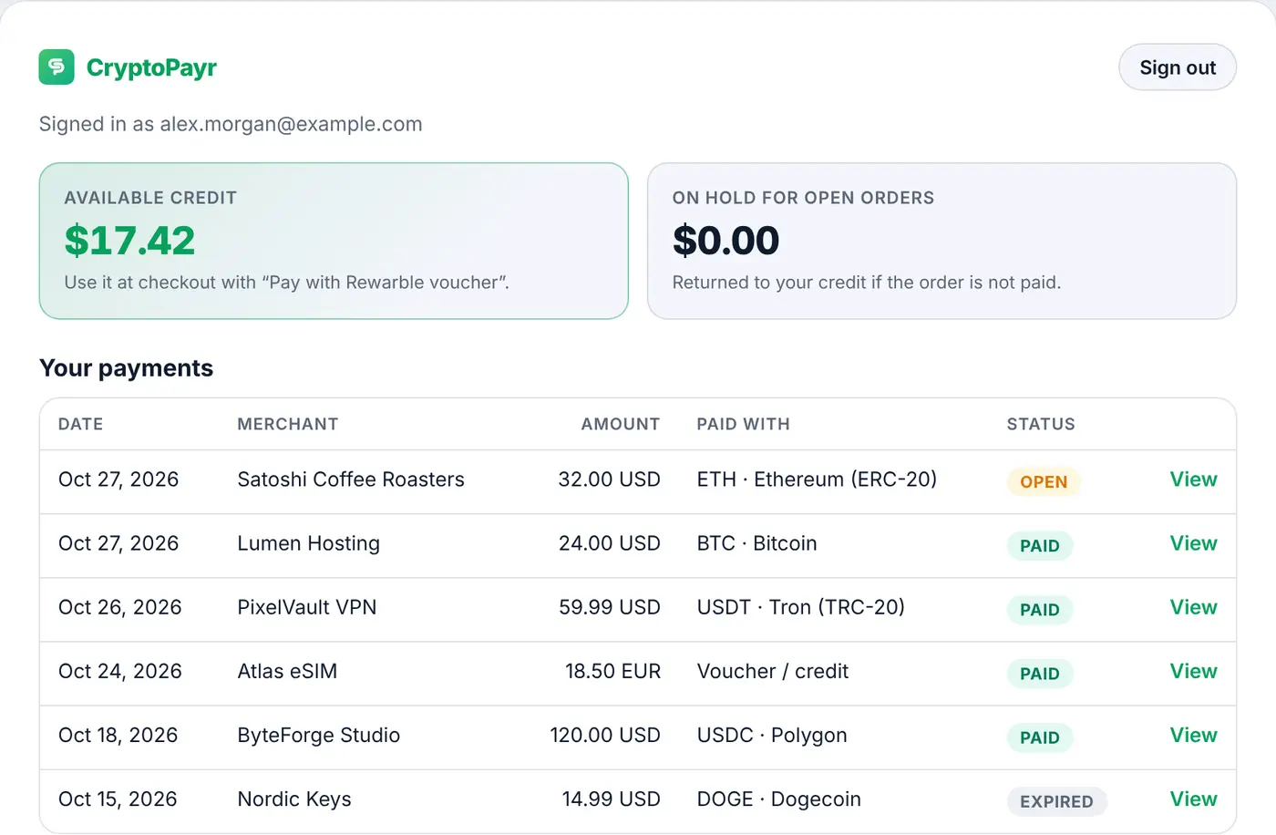 The customer portal showing available credit and a list of payments at several shops