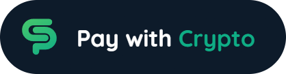 Pay with Crypto badge, dark, on a light background