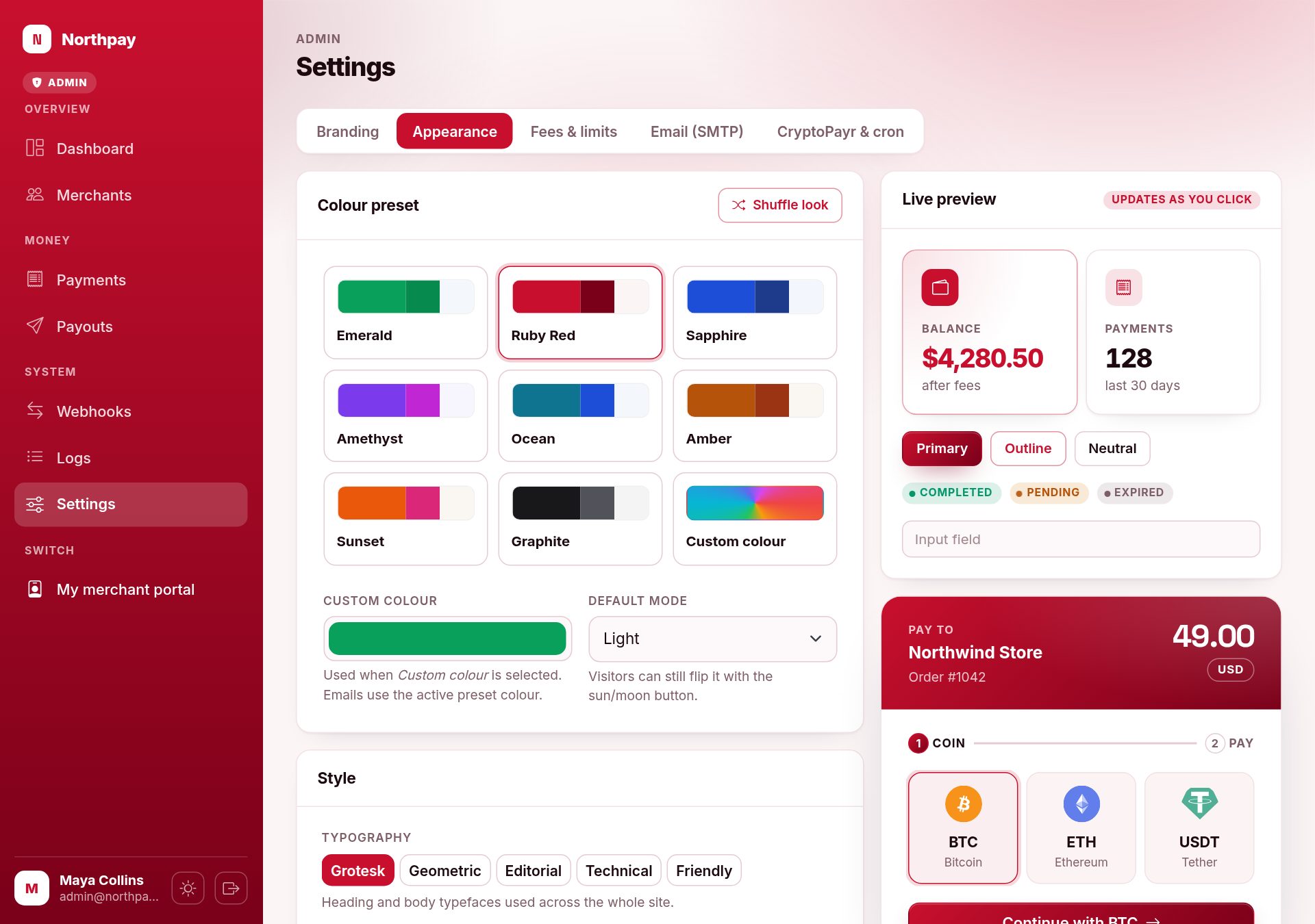 Appearance settings: Switch colour themes and layouts with a live preview — or hit Shuffle.