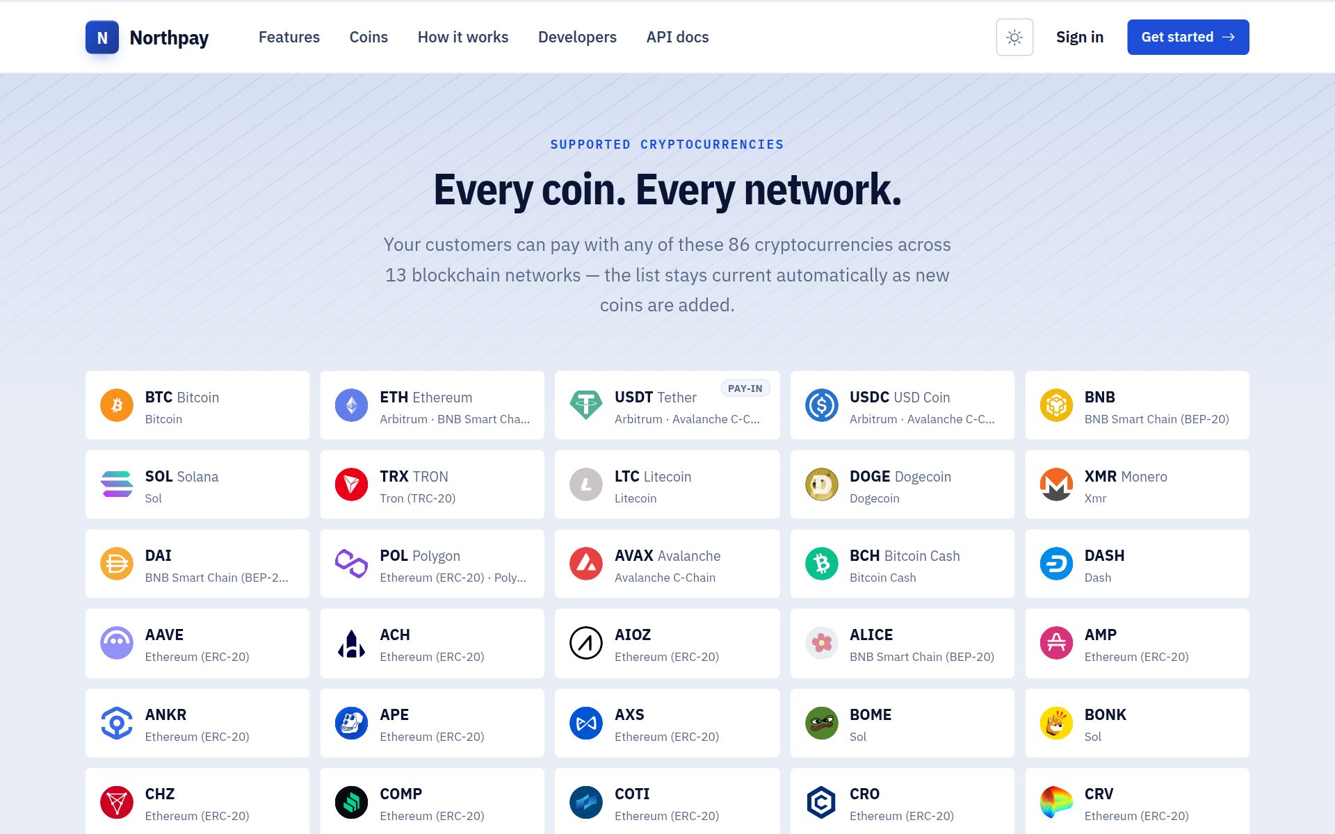 Every coin listed: Your homepage lists every supported coin and network, with logos.