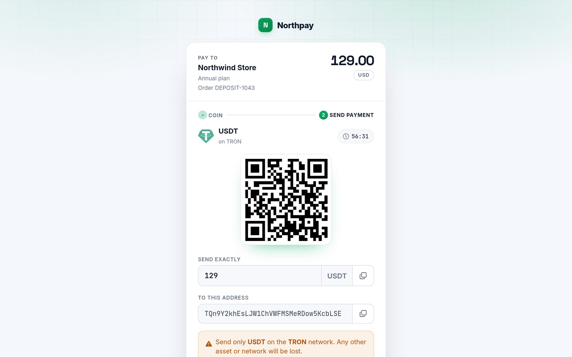 Deposit page: QR code, exact amount, address and a live countdown.