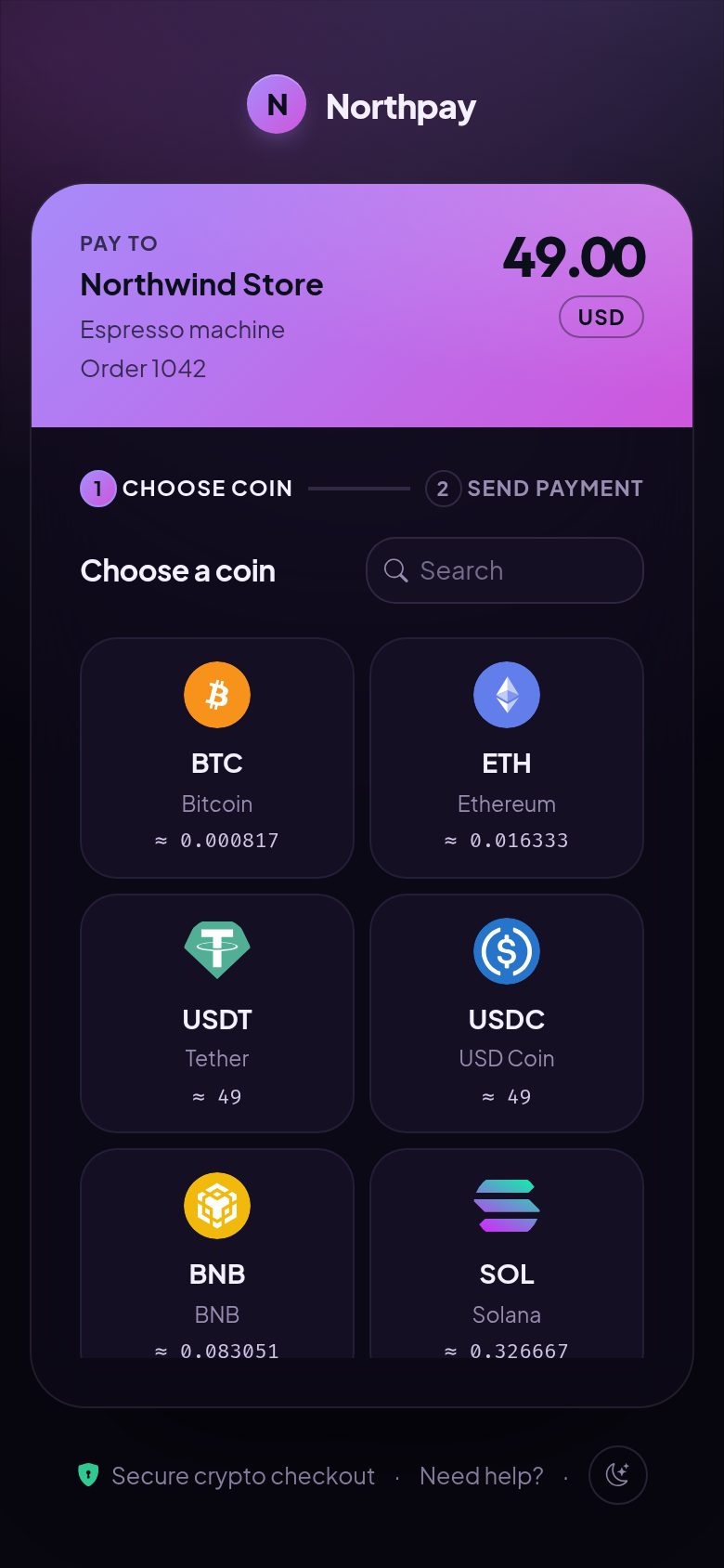 Mobile checkout: Built for phones, in light and dark mode.